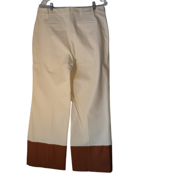 ALFANI Elegant Cream with Brown cuffs Cotton-Rayon Wide Leg Dress Pants Women 12 - Picture 7 of 8